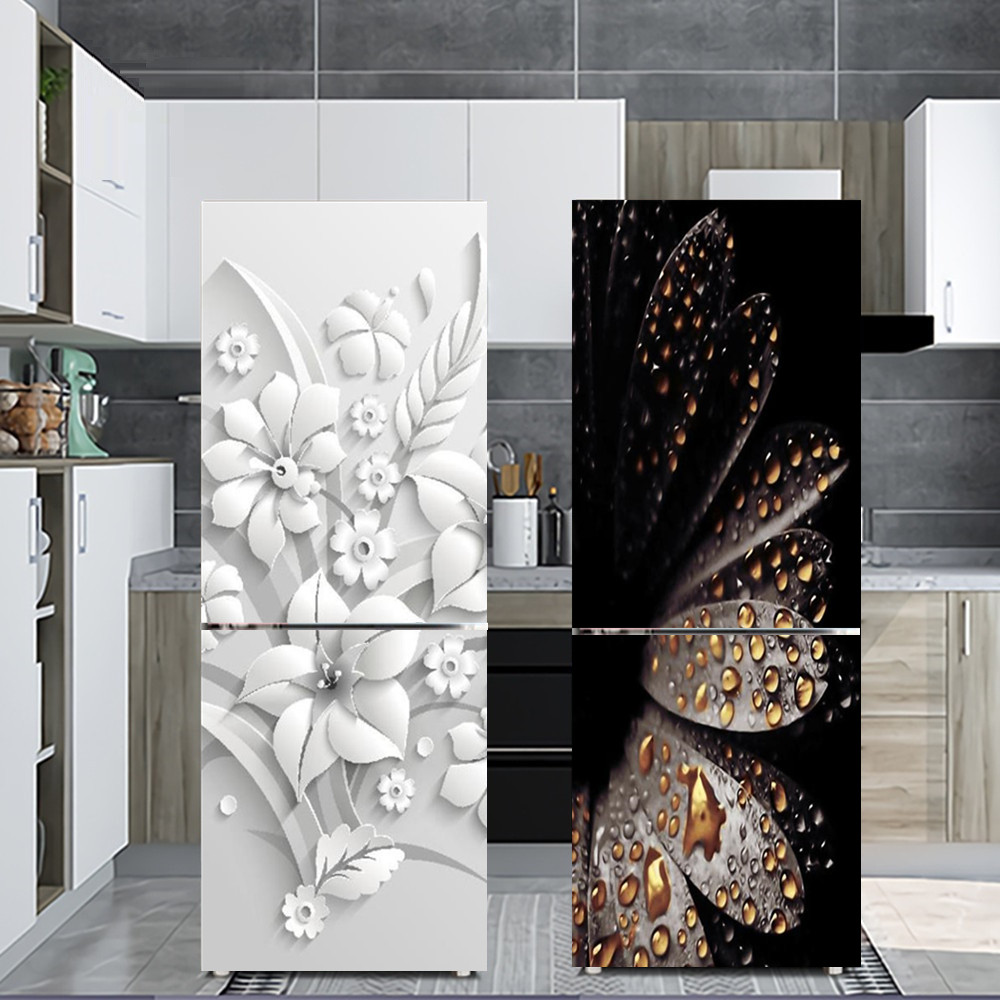 Interior Design Kitchen - زهرة بيضاء الثلاجة ملصق مزخرفة ذاتية